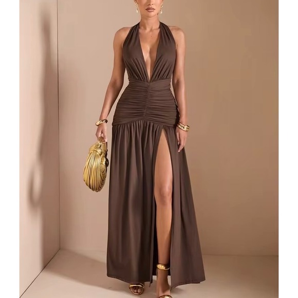 SHEIN Dresses & Skirts - SHEIN chocolate Brown Halter Maxi Dress Plunging Ruched Slit Backless Evening